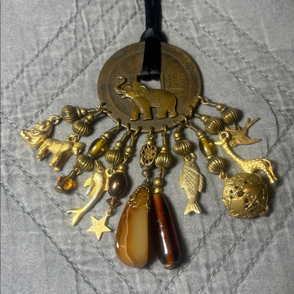 Vintage Chinese coin Gold Charm Pendant with Elephant and Bead animal charm fish